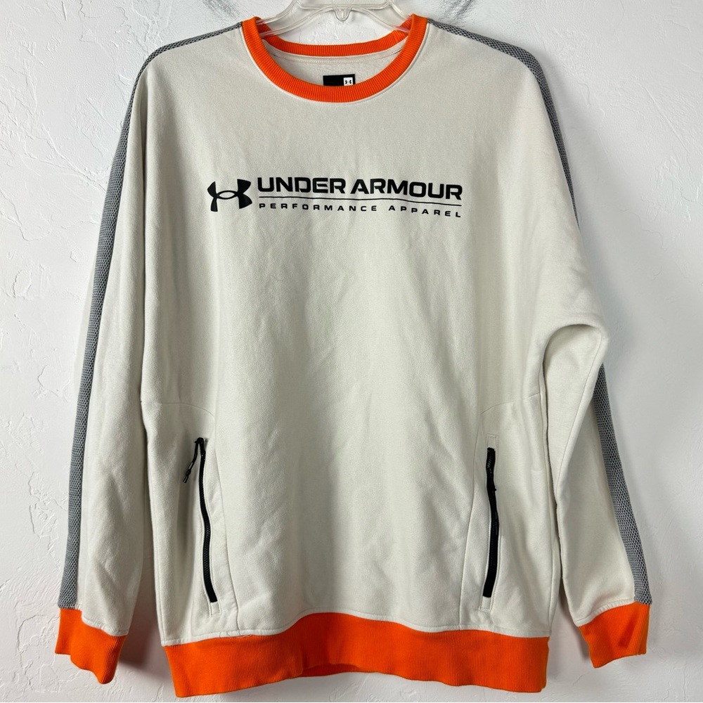 UA Under Armour Sweater Pullover Knit Top Sweatshirt Rival Fleece AMP Crew Cream